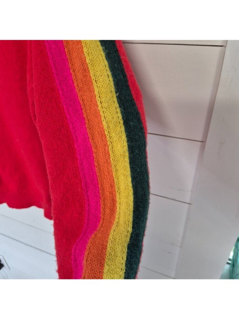 Jodifl Women's Red Knit Sweater With Rainbow Striped Sleeves Medium - Picture 3 of 4